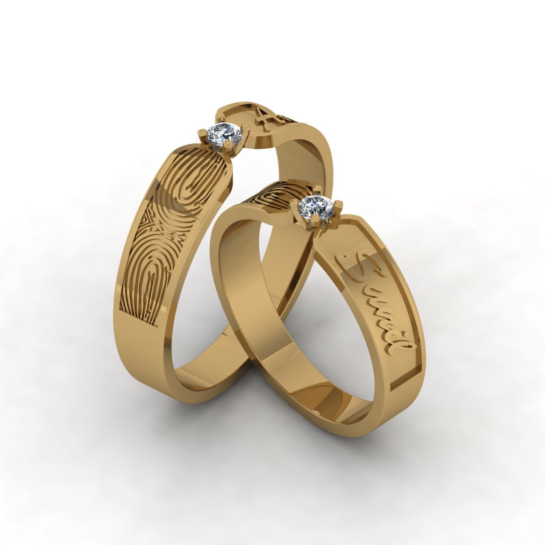 Engraved Fingerprint Couple Rings with Solitaire