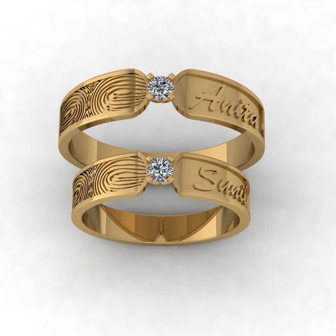Engraved Fingerprint Couple Rings with Solitaire