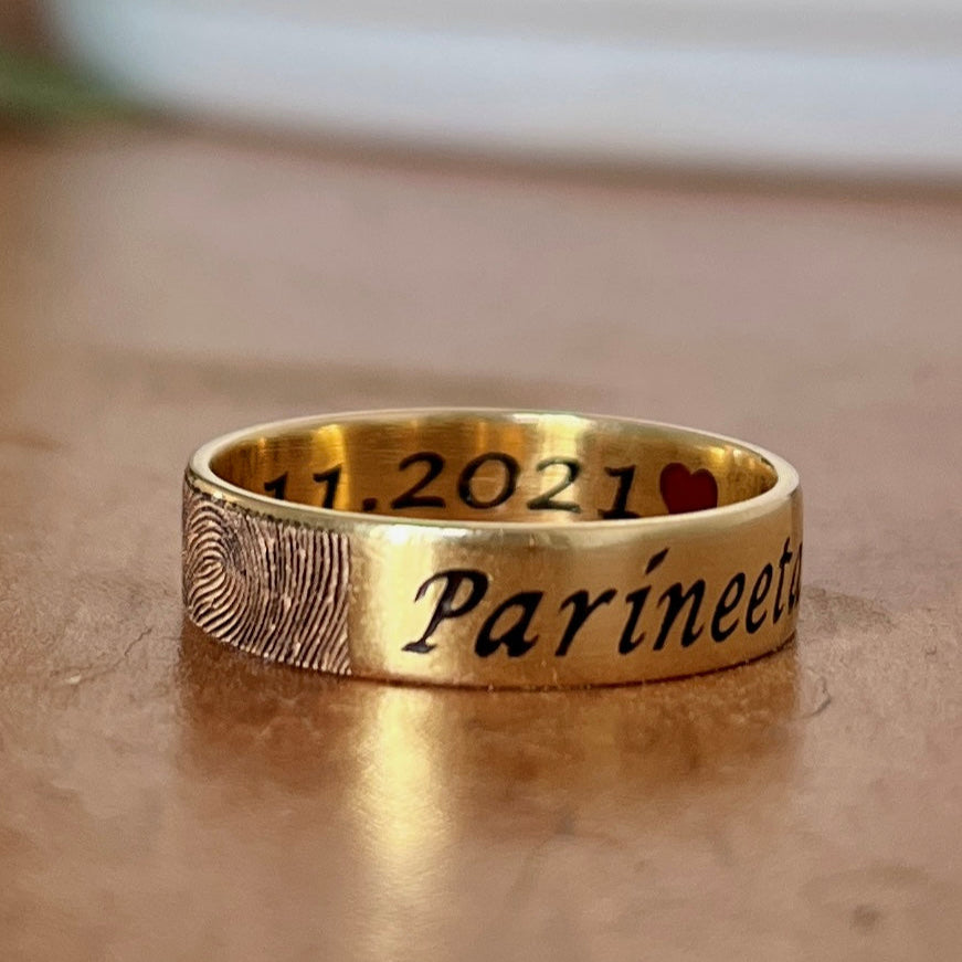 Custom Engraved Gold Ring with Fingerprint and Personalized Date