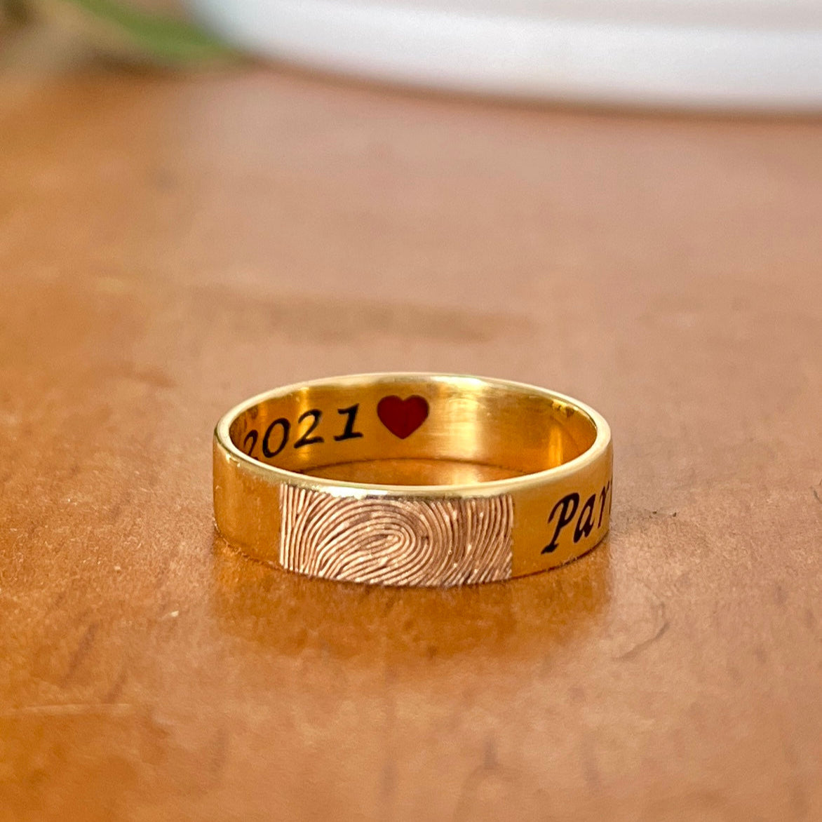 Custom Engraved Gold Ring with Fingerprint and Personalized Date
